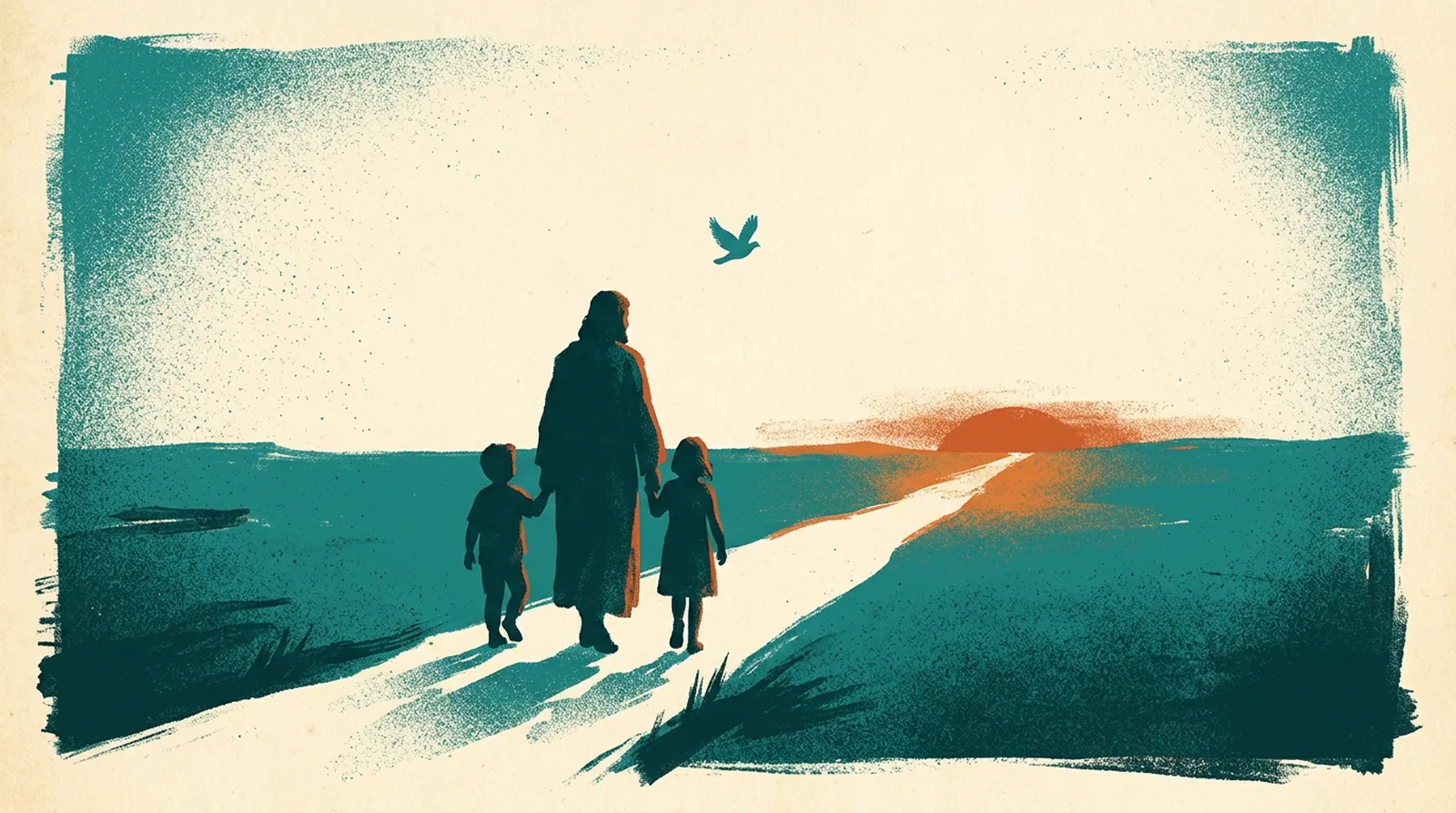 A father and two children walking toward a burnt-orange dawn with a dove gliding above