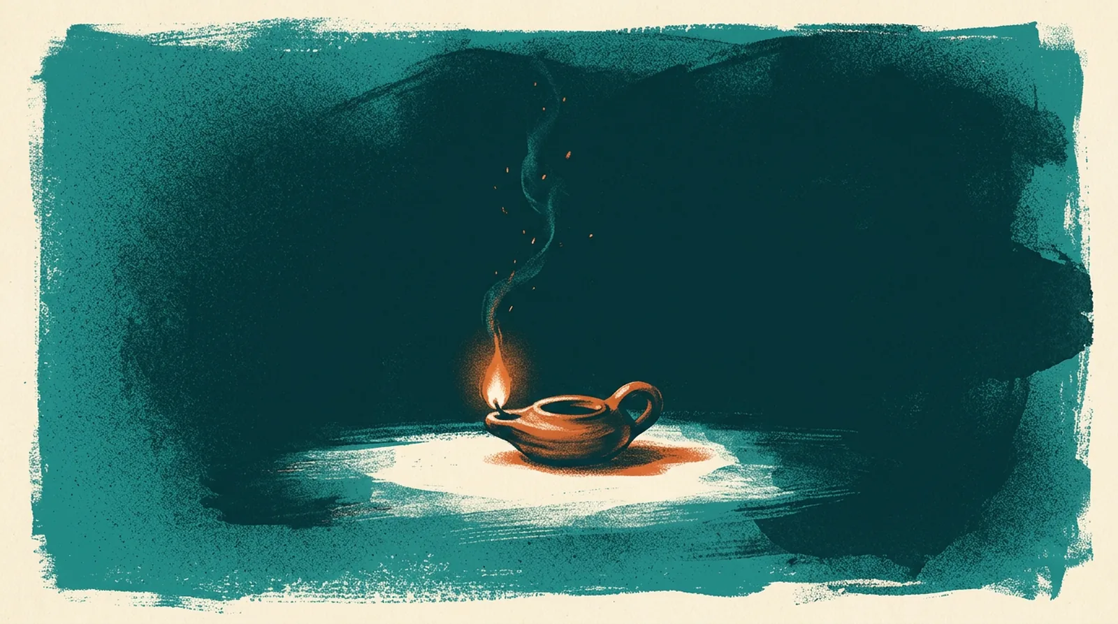 A single oil lamp burning in deep teal darkness