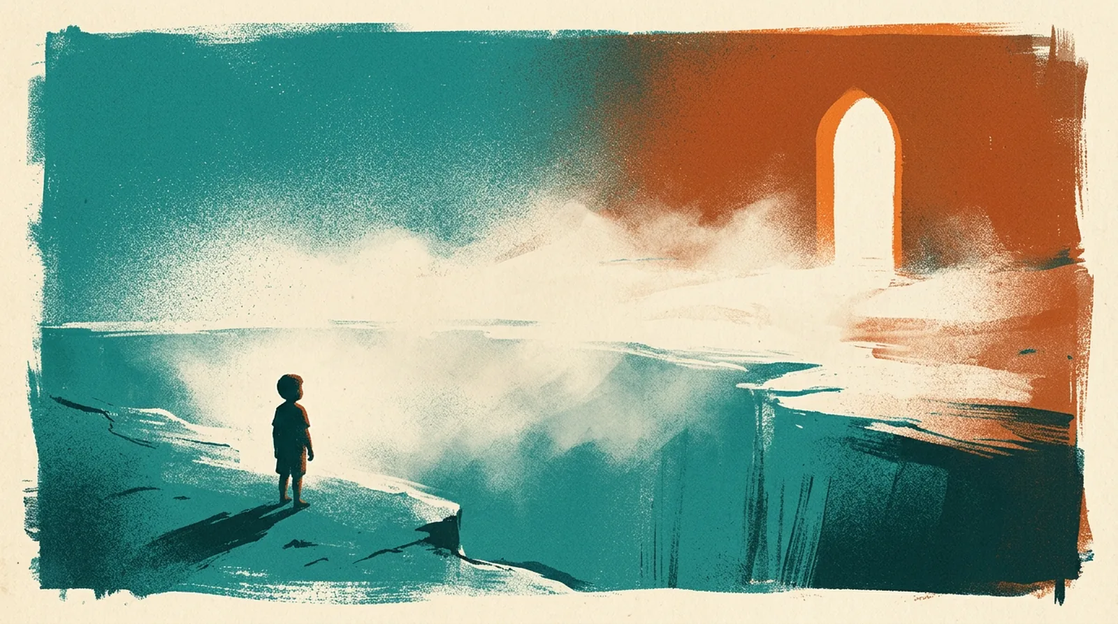 A child silhouette before a vast teal void with a distant warm archway of light