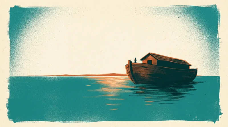 A painterly illustration of Noah's ark resting on calm water at dawn, the sun breaking on the horizon