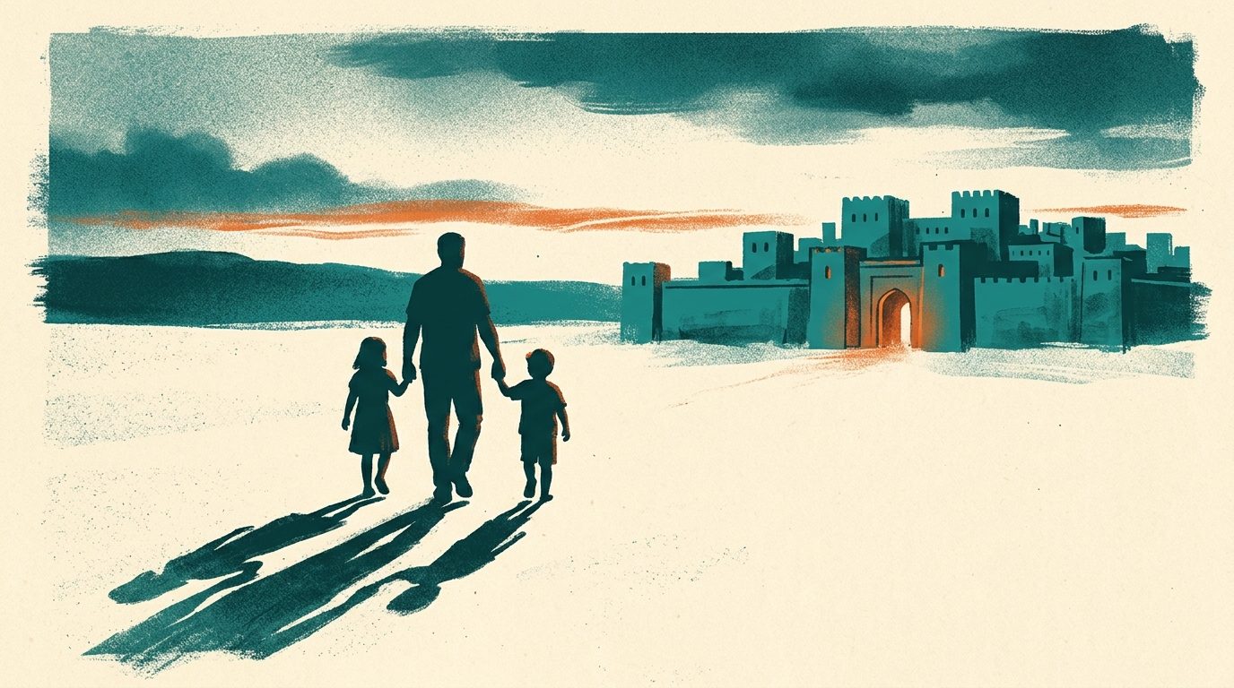 A painterly silhouette of a father walking with two small children toward warm light at dusk