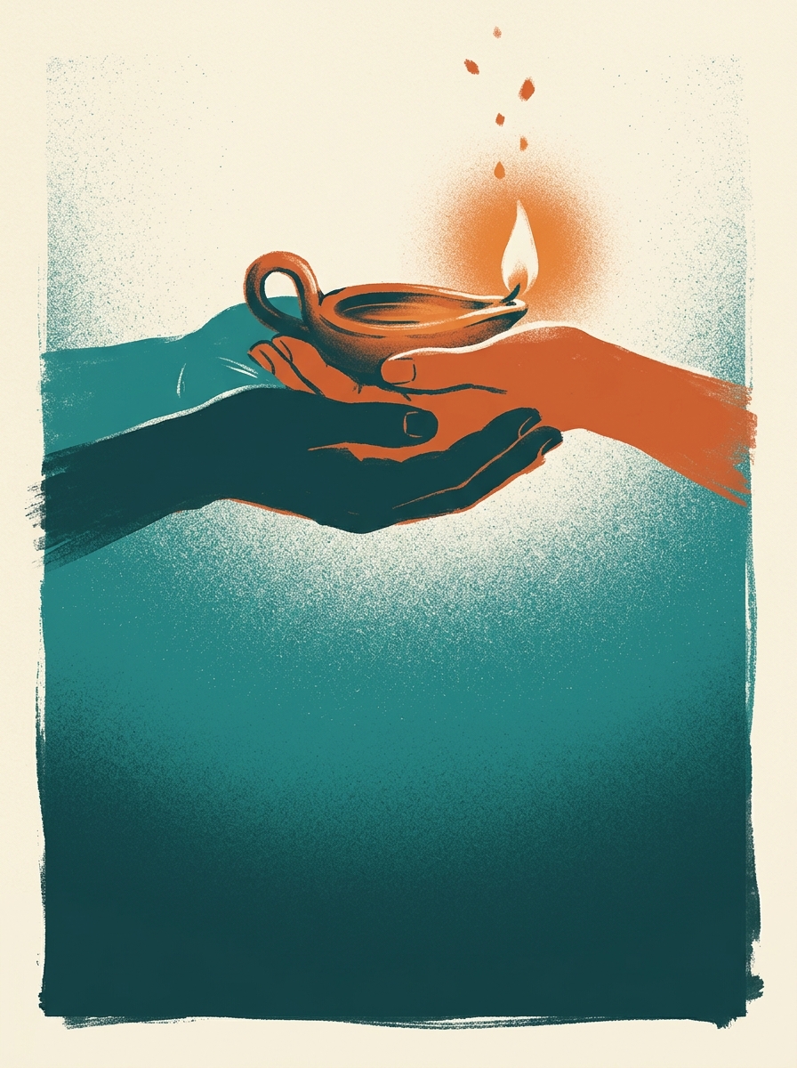 Two hands passing a glowing oil lamp