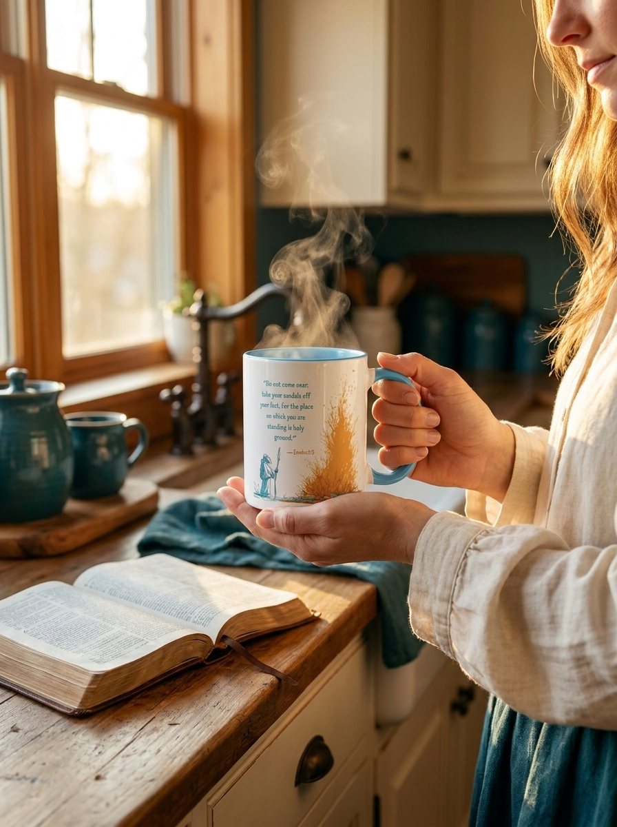 Hands cradling the Holy Ground devotional mug at a sunlit kitchen window beside an open Bible