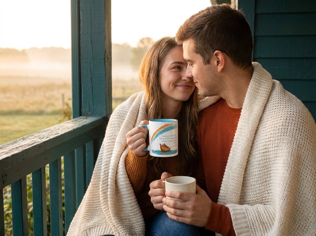A couple sharing coffee on the porch at sunrise with the After the Storm devotional mug