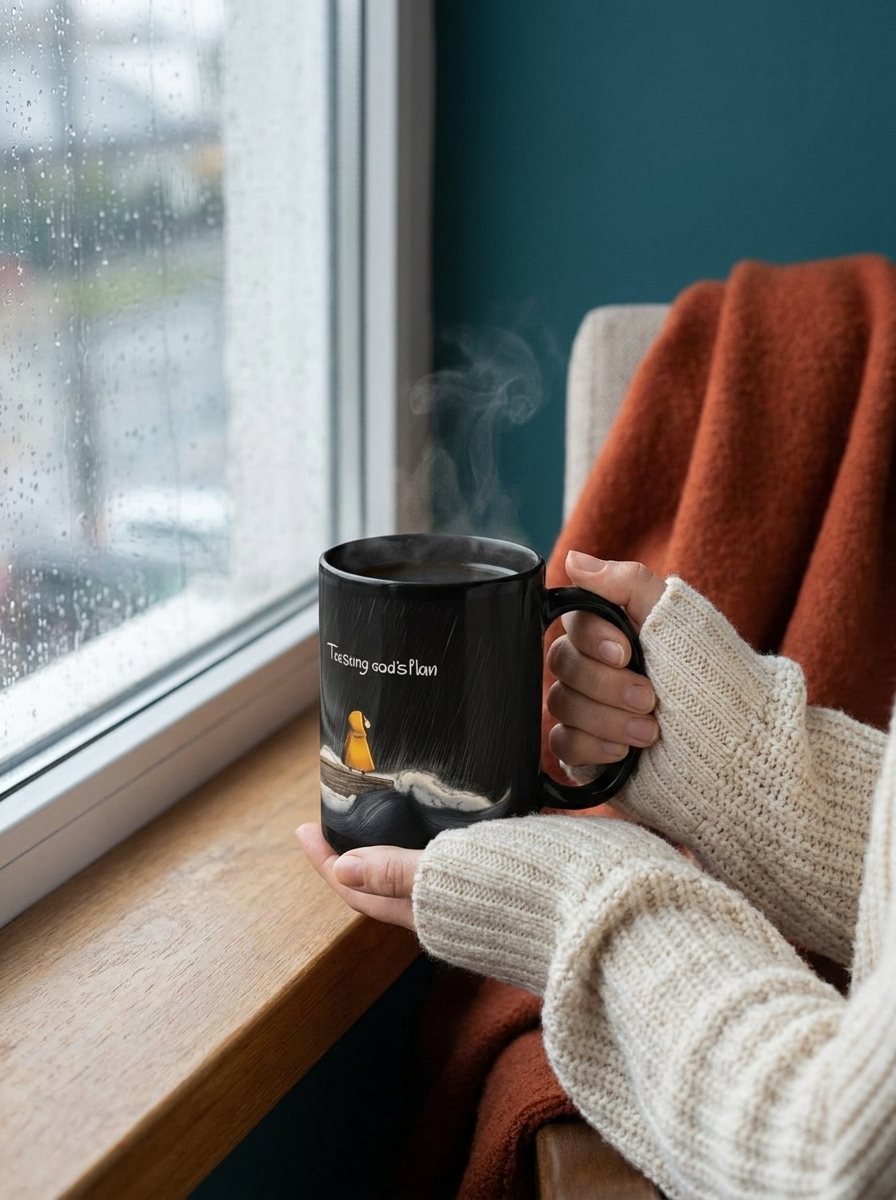 Hands wrapped around the Trusting in God's Plan black devotional mug beside a rainy window