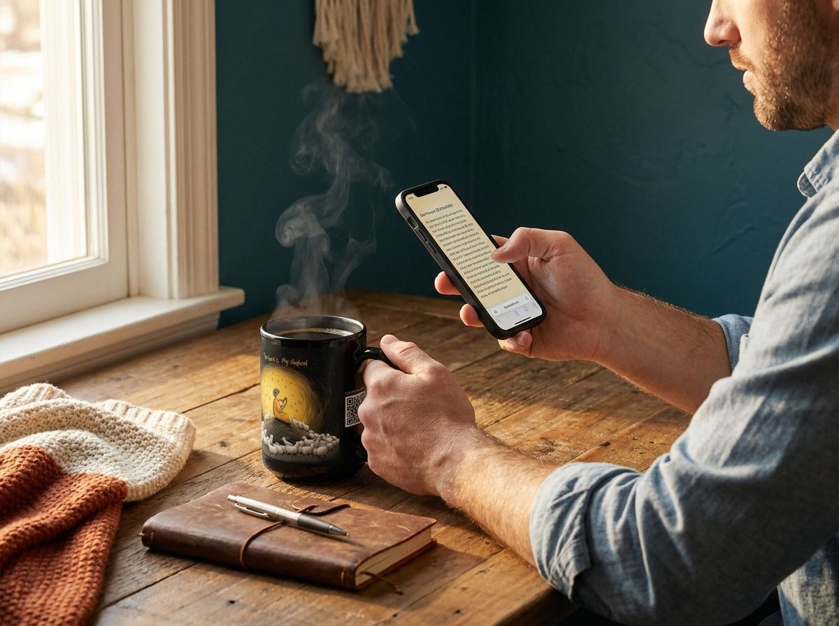 A man scanning the QR code on the back of his devotional mug with his phone