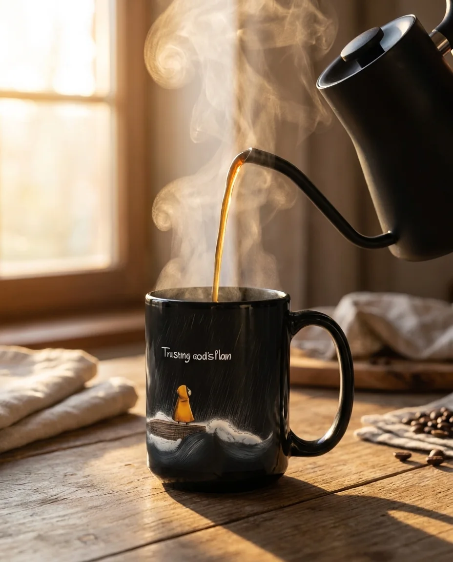 Fresh coffee being poured from a kettle into the Trusting in God's Plan 15 oz glossy black devotional mug, steam rising in warm morning light
