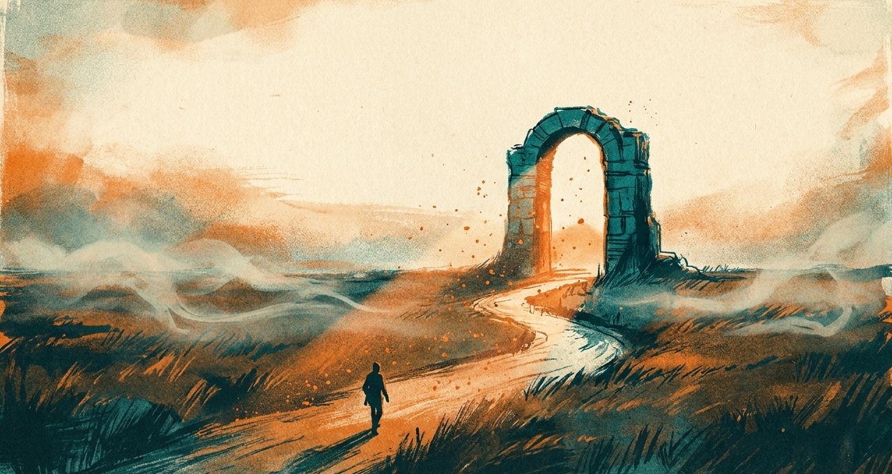 The Whole Story in a Year: a painterly stone gate at dawn with a lone figure walking the path toward the light