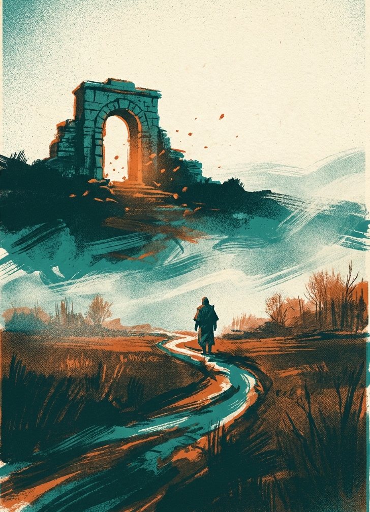 The Whole Story in a Year: a painterly stone gate at dawn with a lone figure walking the path toward the light