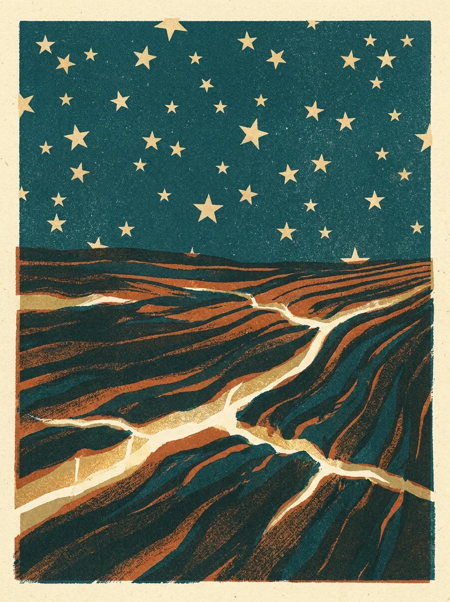Glowing golden seams of light running through dark soil under a starry sky, painterly illustration