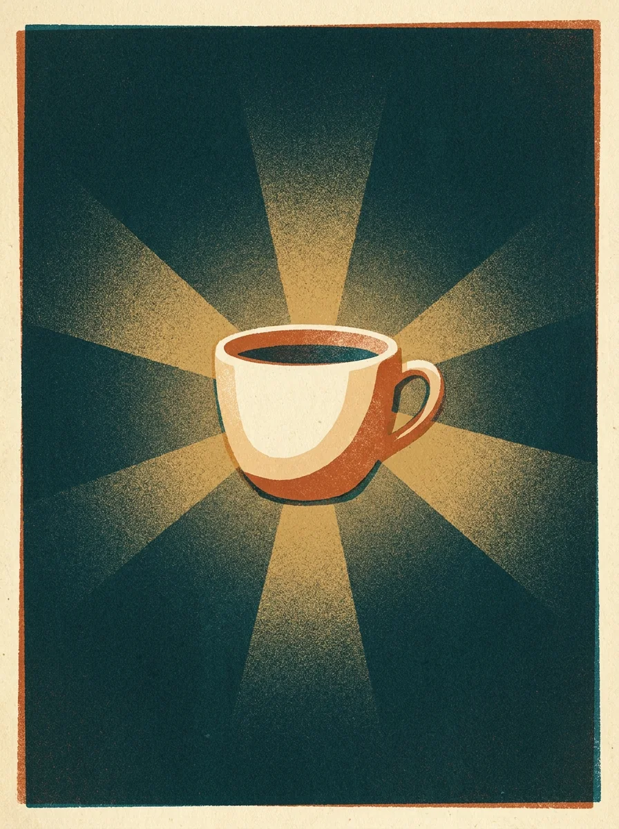 A cup of warm light shining against deep teal darkness, painterly illustration