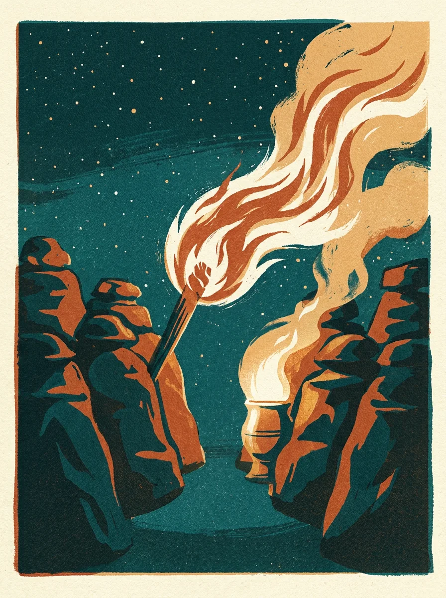 Torch of flame passing between offerings in the night, painterly illustration