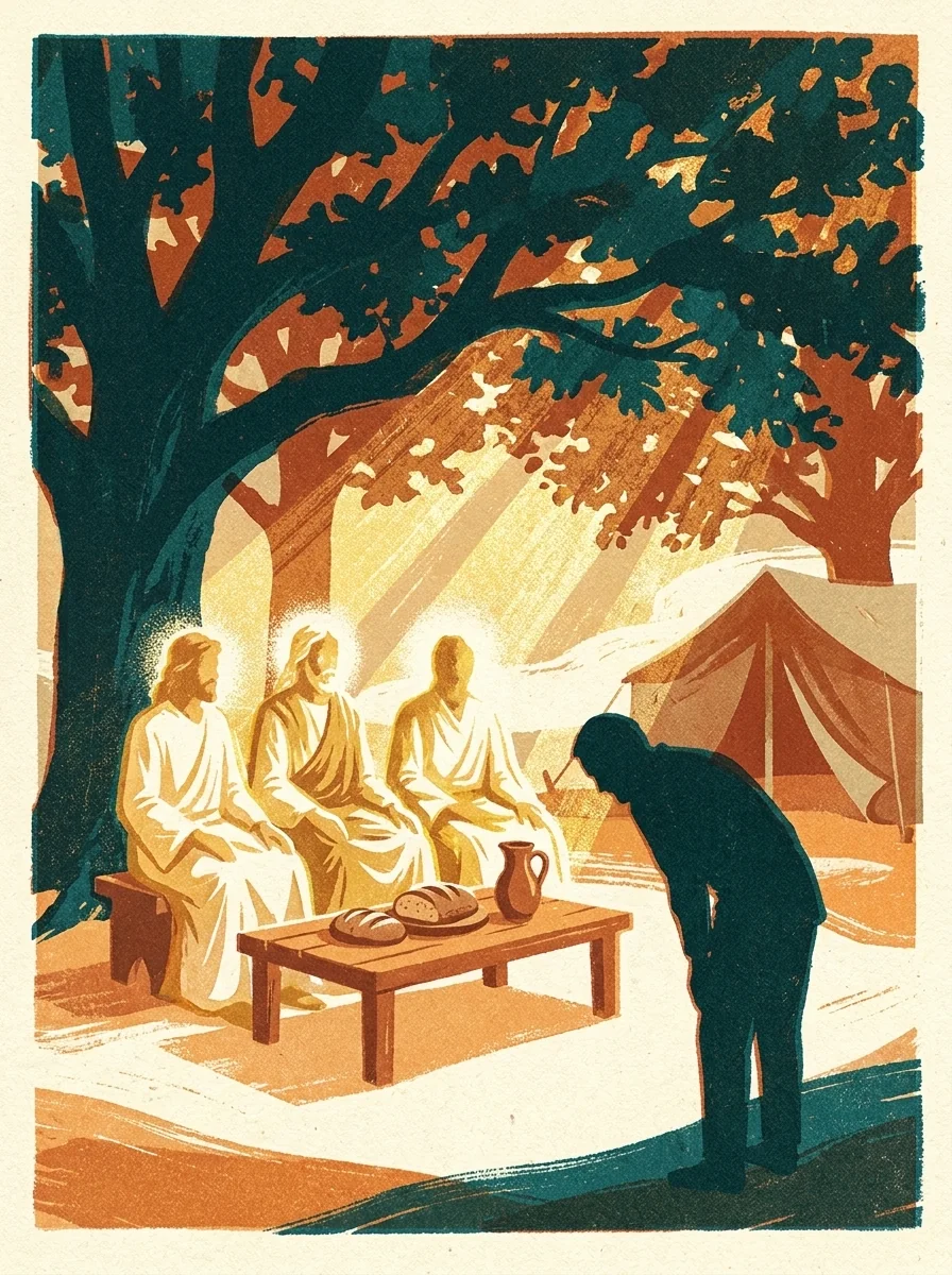 Warm table of hospitality under great oak trees, painterly illustration