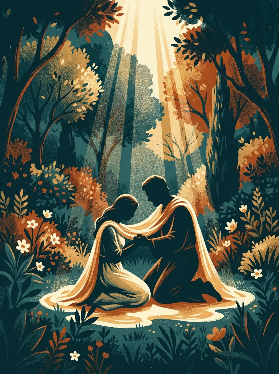 God clothing Adam and Eve in garments of grace, painterly illustration
