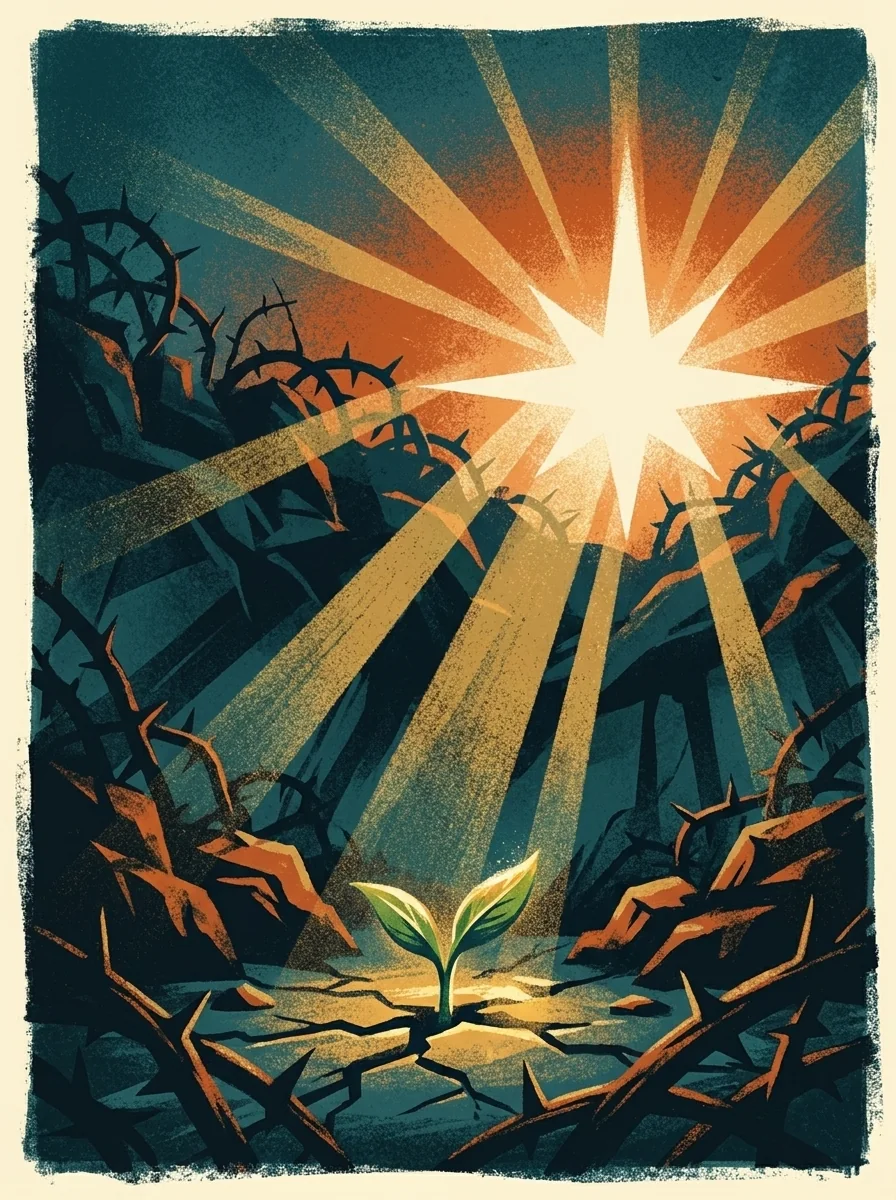 Dawn light breaking over the land east of Eden, painterly illustration