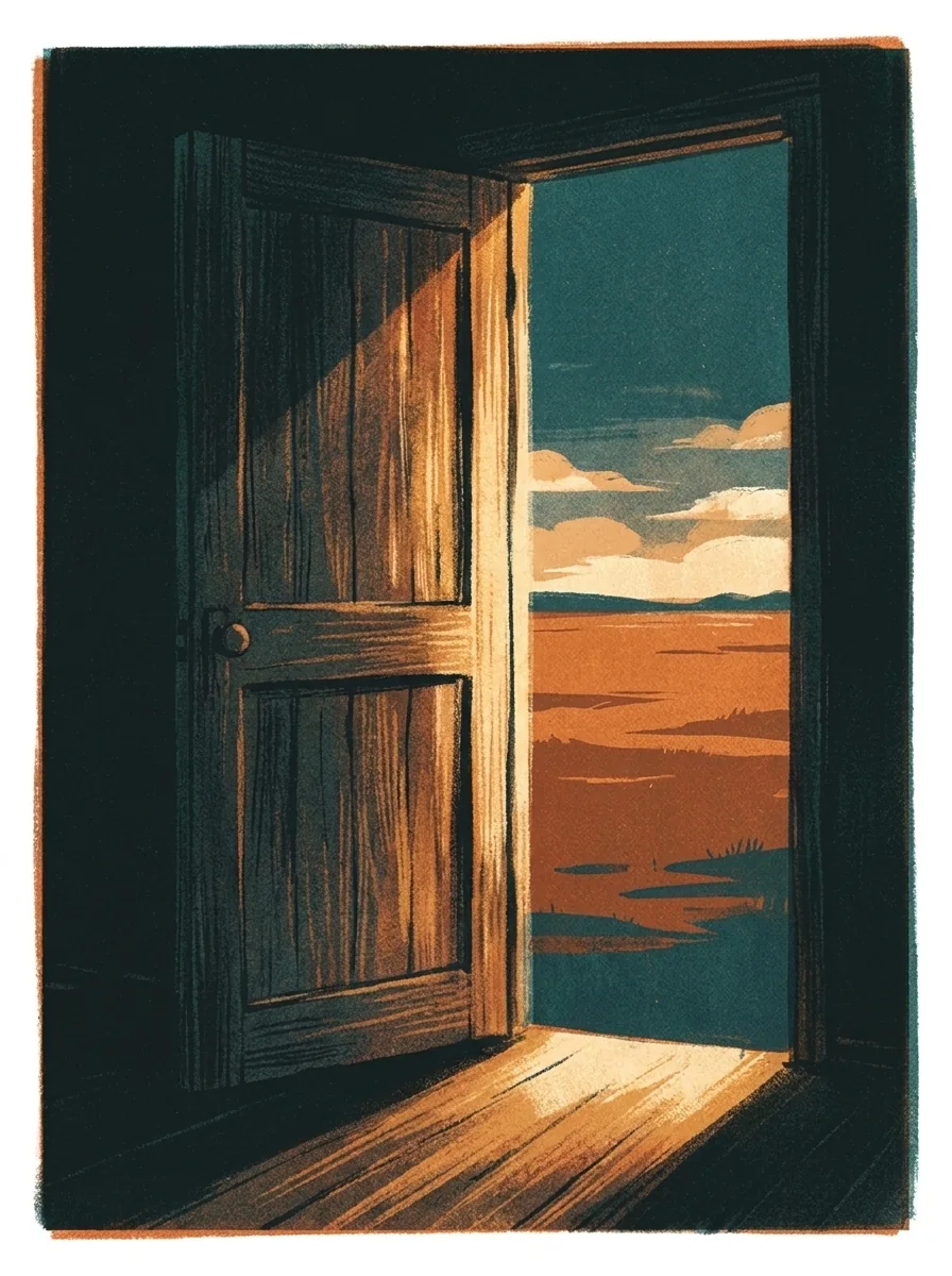 Warm light falling on a dark doorway before an empty field, painterly illustration