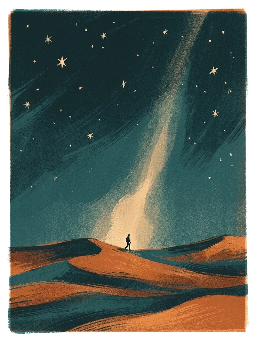 Lone wanderer under a vast sky with a faint glow of protection, painterly illustration