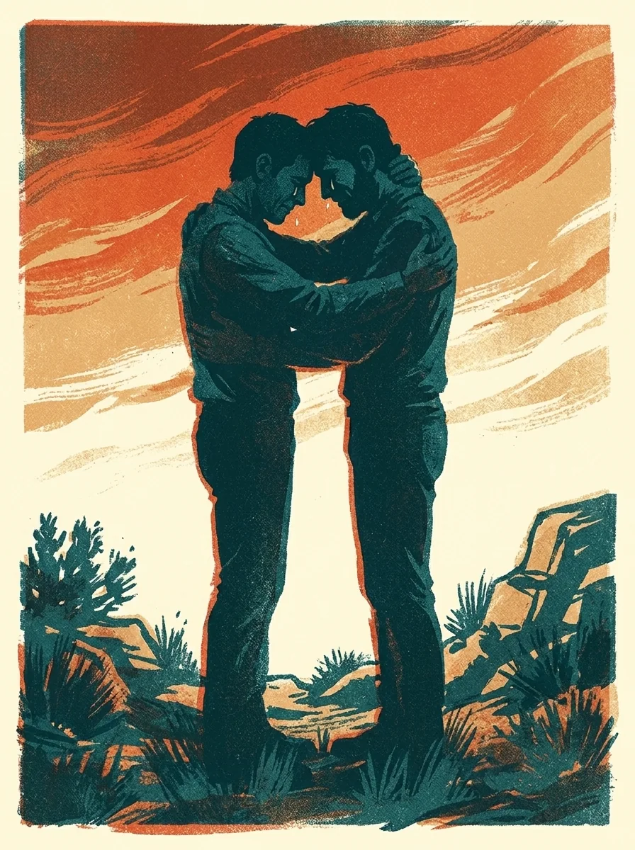 Two brothers embracing on an open plain at dawn, painterly illustration