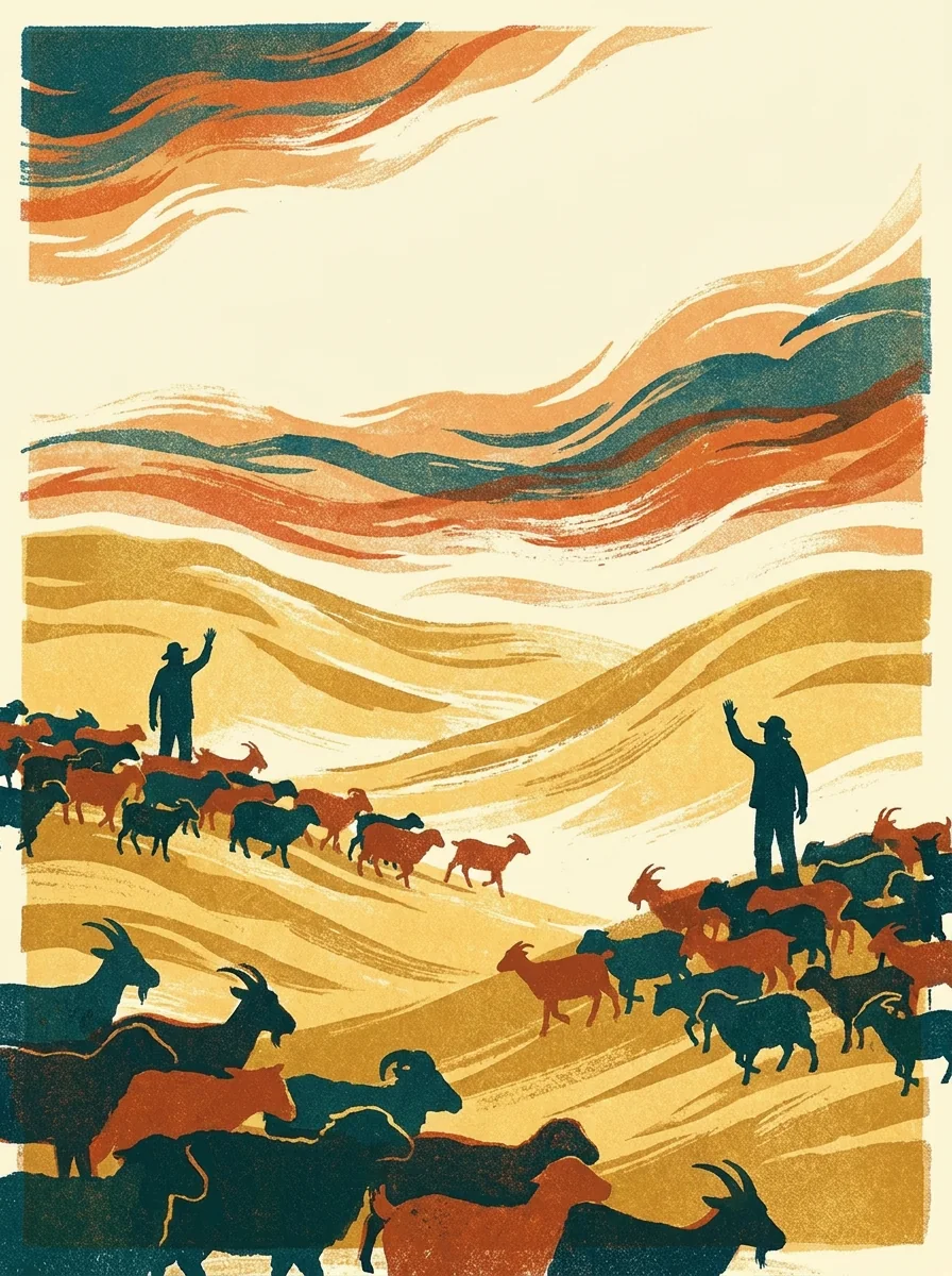 Two flocks parting peacefully over golden hills, painterly illustration