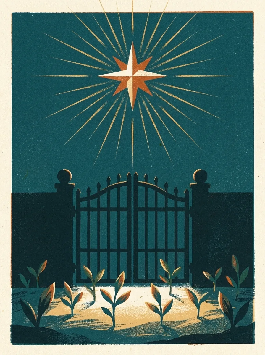 Dawn star of promise shining over the garden, painterly illustration