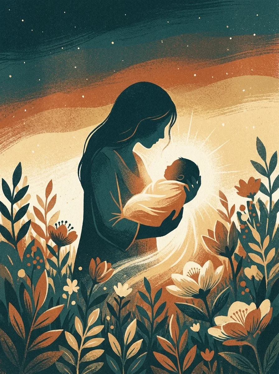 Mother cradling a newborn in gentle light, painterly illustration