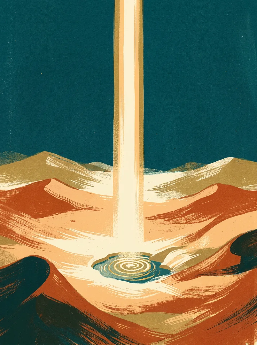 Radiant spring of water in the desert under a beam of light, painterly illustration