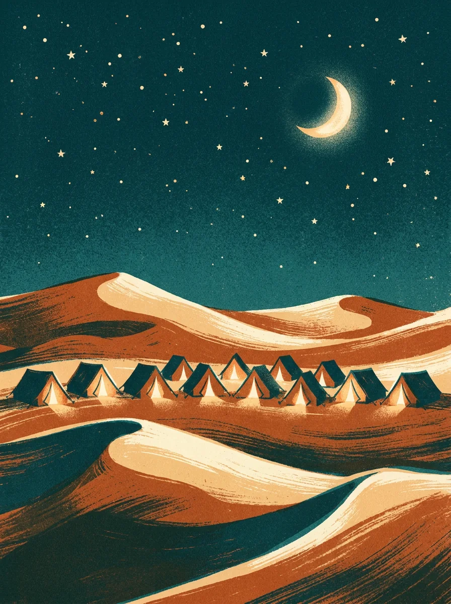 Row of twelve small glowing tents under a starry desert sky, painterly illustration