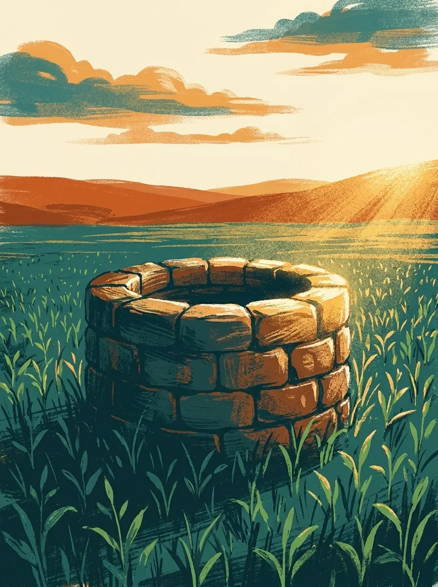 Open green land with a full well and young shoots in morning light, painterly illustration