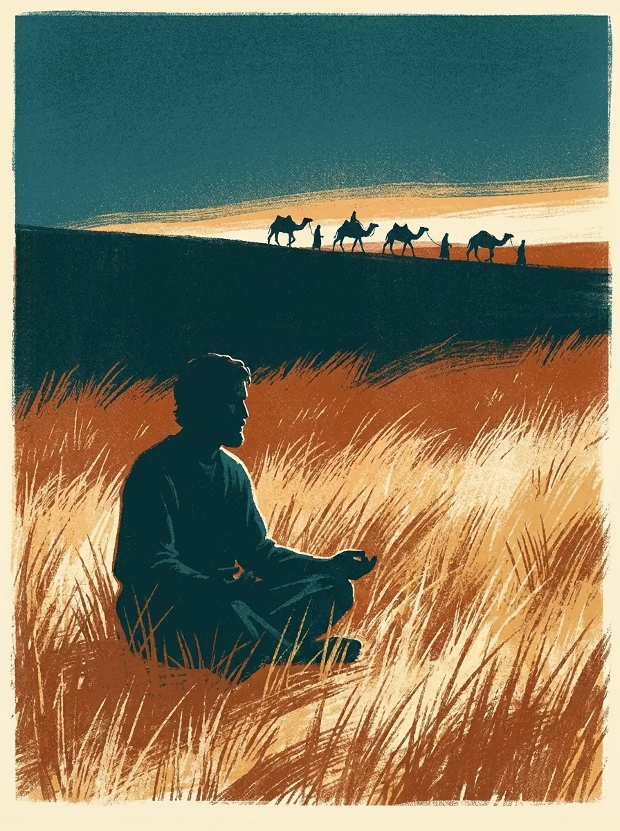 Man meditating in an evening field as a caravan approaches on the horizon, painterly illustration