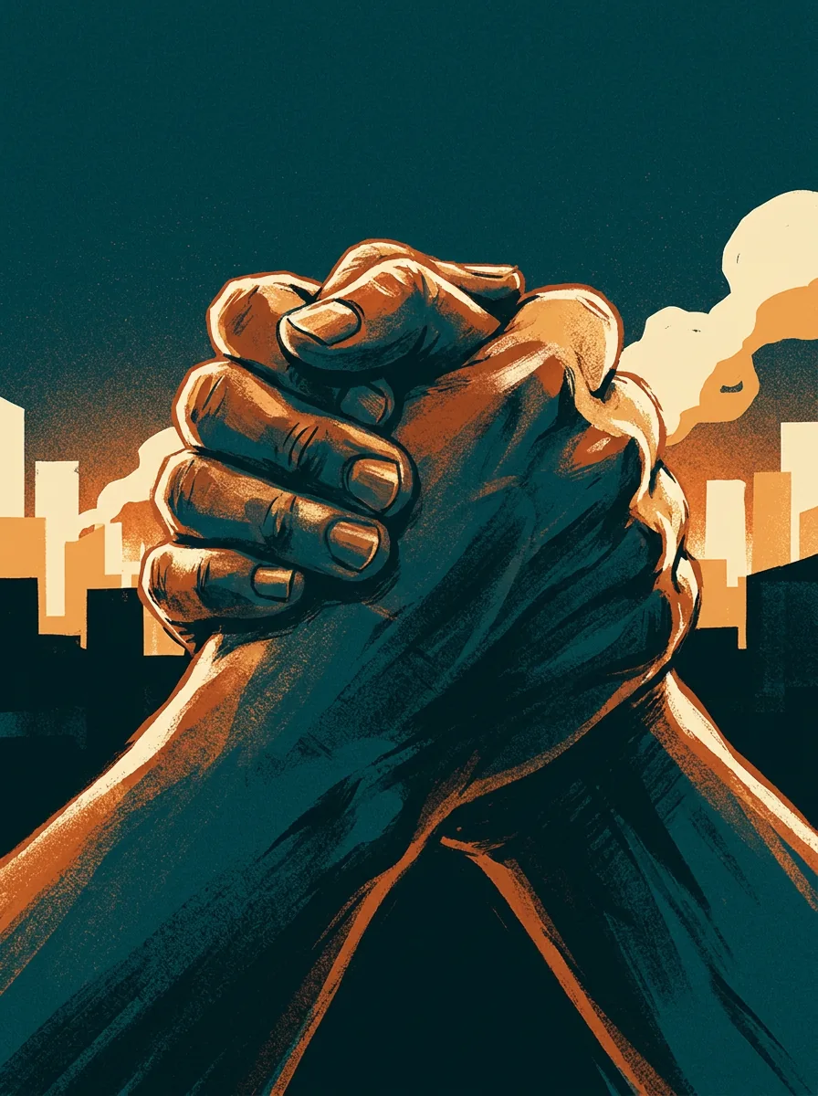 A strong hand grasping another hand against a glow of burning city light, painterly illustration