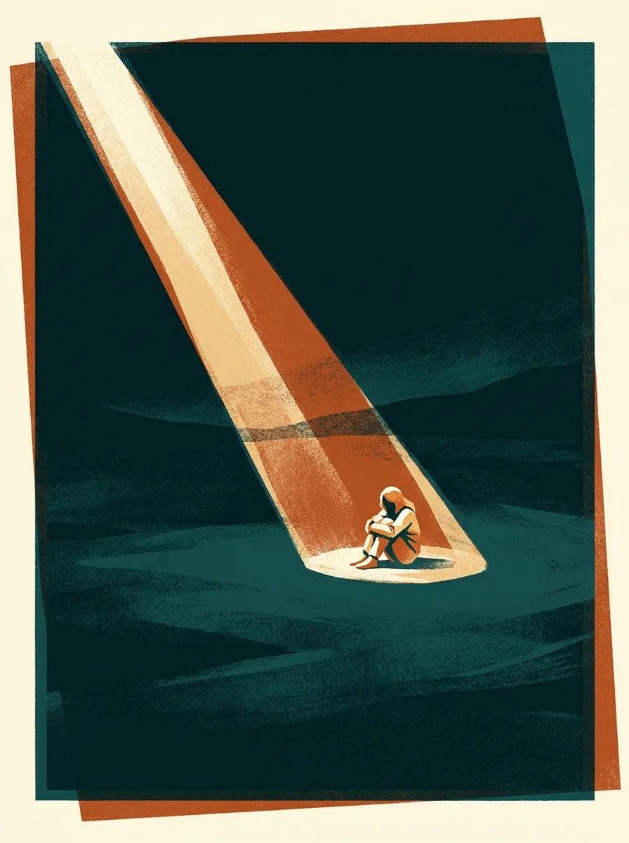 A small sheltered figure under a beam of light in a dark landscape, painterly illustration