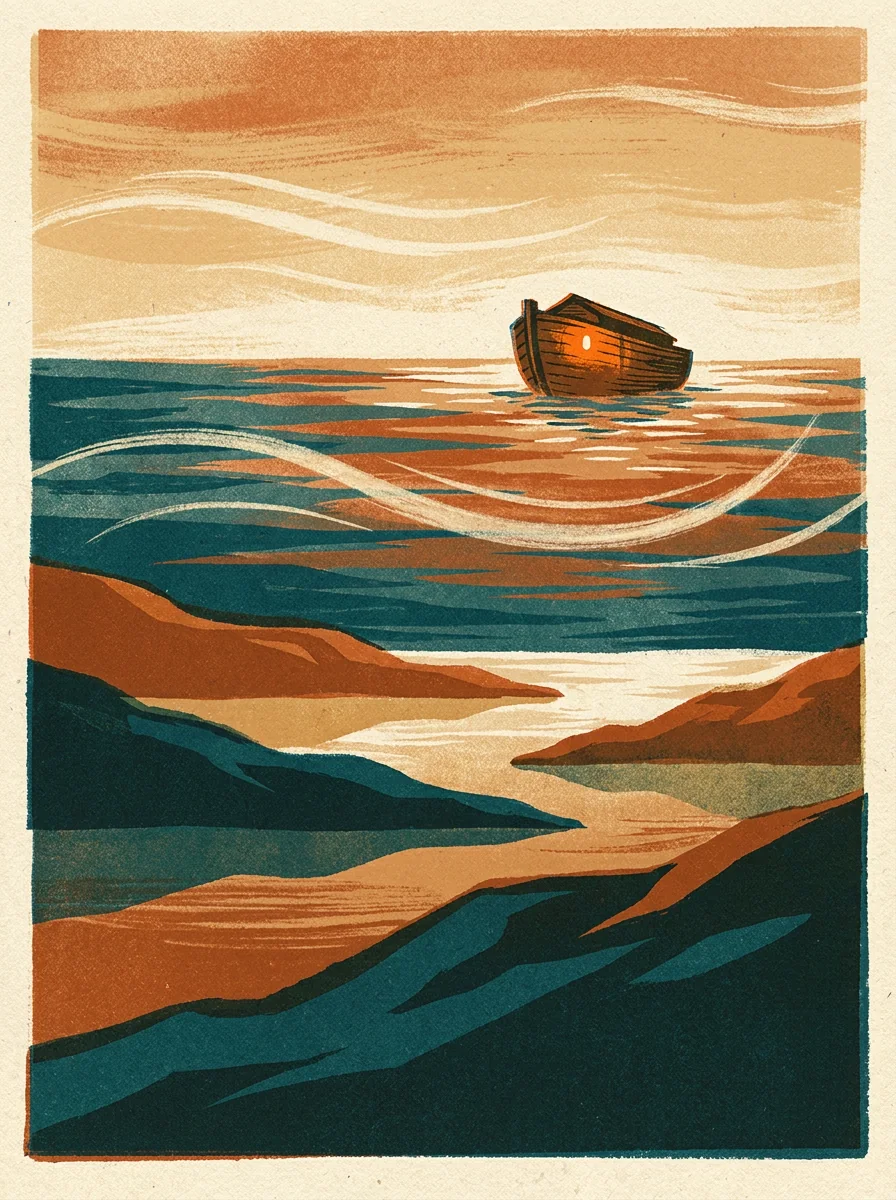 Wind moving over receding waters around the ark at dawn, painterly illustration