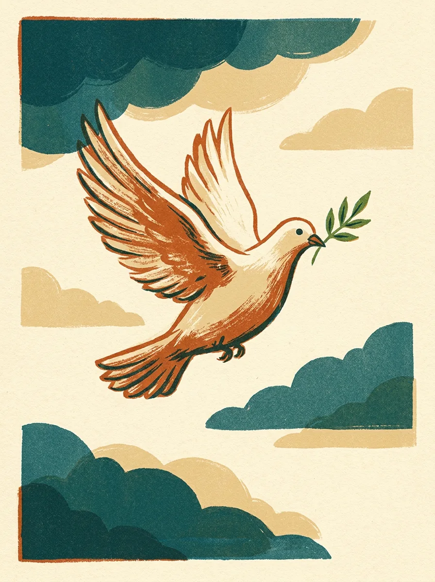 Dove carrying an olive leaf across a cream sky, painterly illustration