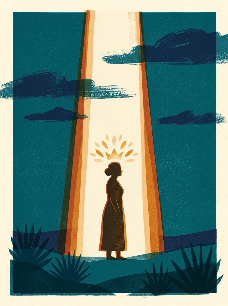 Woman standing in warm light receiving a crown of radiance, painterly illustration