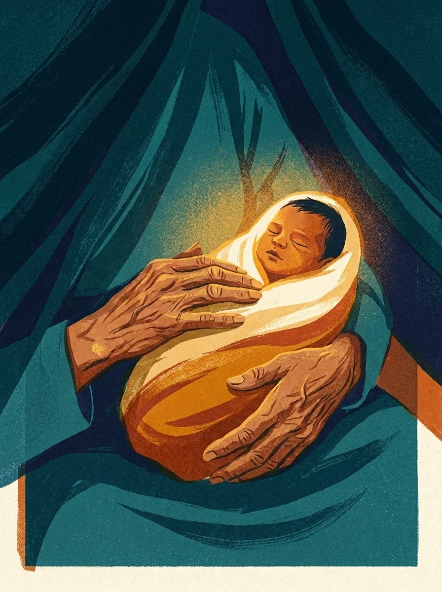 Elderly hands cradling a swaddled newborn in golden light, painterly illustration